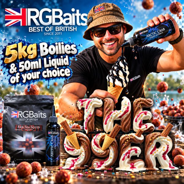 99 Tickets Only – RG Baits 5kg Boilies and 150ml Liquid Attractant of your choice – AUTO DRAW